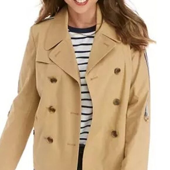 Crown & Ivy Short Trench Coat Double Breasted Striped Sleeves Water Resistant - Picture 2 of 13